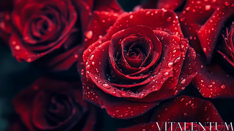 Red Roses with Dewdrops in Dark Light.