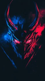 Dual-color demonic mask with glowing red eyes artwork.