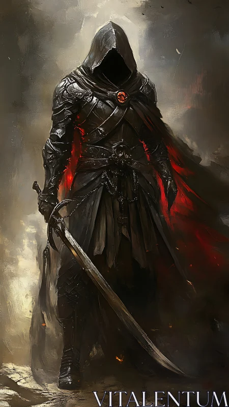 Hooded dark knight with glowing embers and forged greatsword.