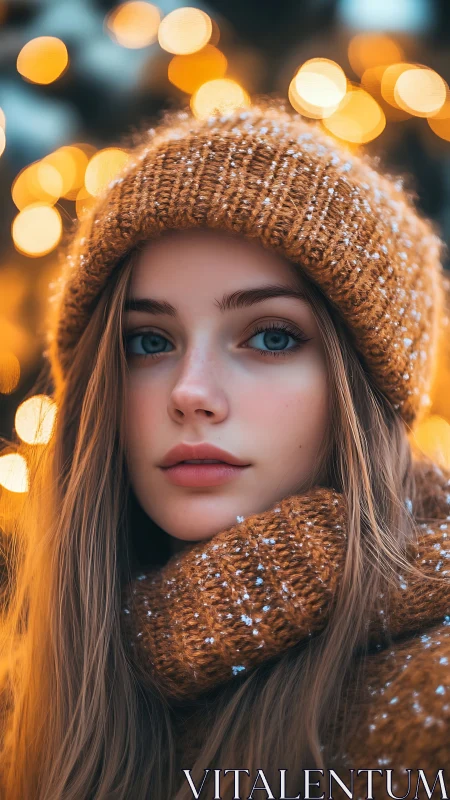 Winter portrait captures serene girl amid festive bokeh glow.
