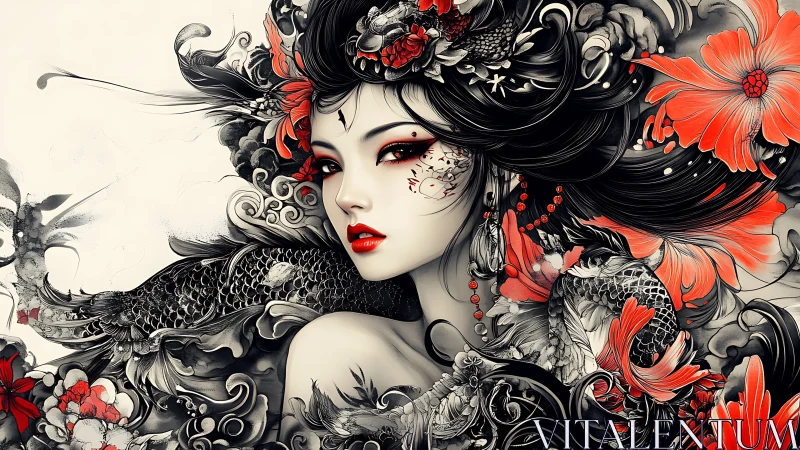 Digital painting portrait with koi, florals, and flowing hair.