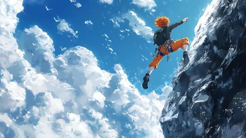 Anime climber scaling rock face under bright blue sky.
