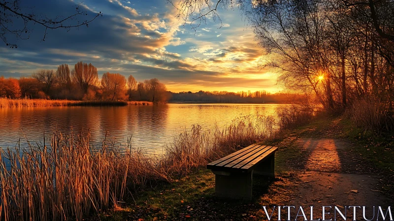 Photorealistic lakeside sunset with bench and golden reed band.