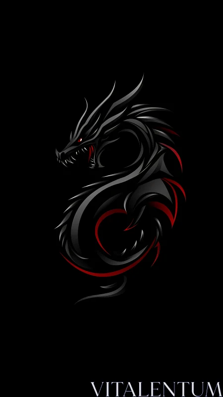 Sleek midnight dragon coiled in glowing crimson shadows.
