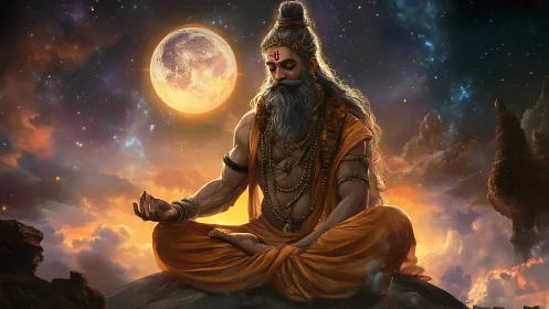 Digital painting of meditative sage under lunar-illuminated sky.