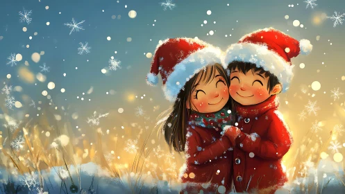 Children share cozy Christmas joy in a glowing snowfall scene.