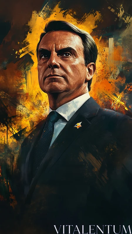 Portrait of suited male figure against abstract yellow field