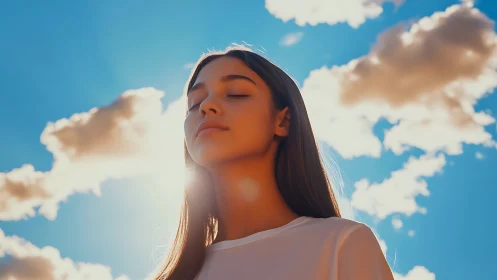 Young person under bright sky with backlit cloud forms.