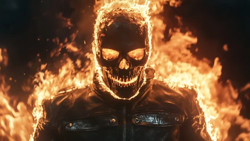 Flaming skull-headed figure stands in black leather jacket
