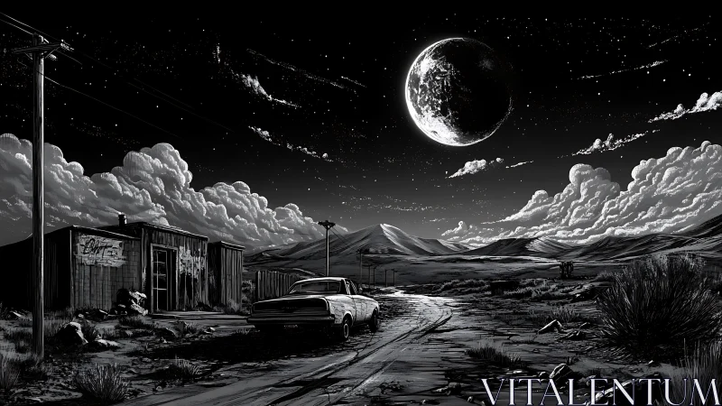 Monochrome desert highway under looming planetary night sky.