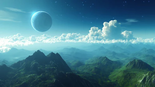 Alien blue planet rises above lush emerald mountain world.