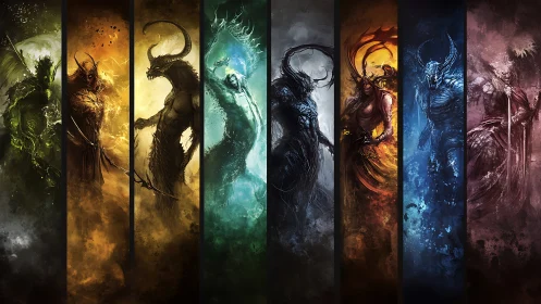 Seven elemental demon warriors in vertical colored panels.