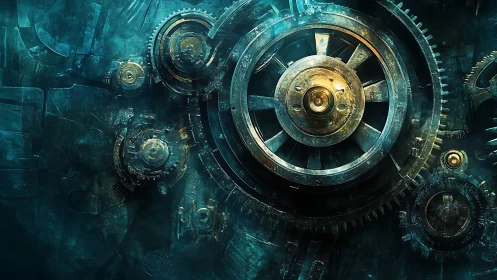 Industrial gear mechanism in teal and brass lighting view.