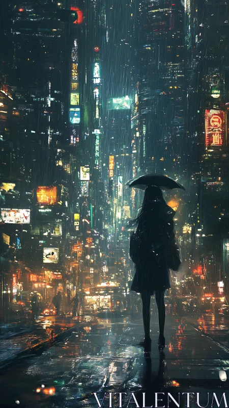Solitary figure studies neon cityscape through steady rain