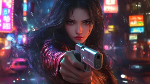 Midnight vigilante in neon rain, eyes locked on destiny.