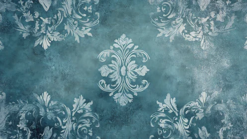 Ornate floral damask motif centered on distressed teal field