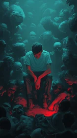 Brooding boy crowned in red among whispering undead shadows.