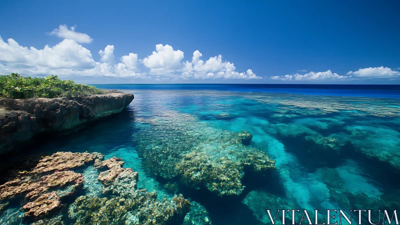 Shallow coral reef plateau transitions into deep pelagic blue gradient