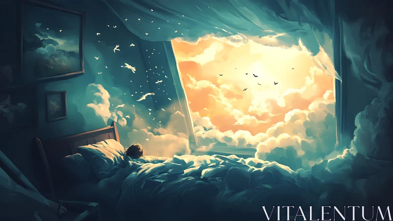 Bedroom interior transitions into luminous cloudscape view