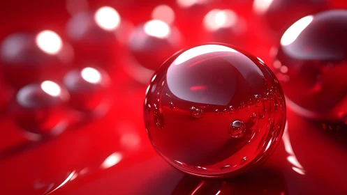 Red glass spheres with glossy reflections on smooth surface.