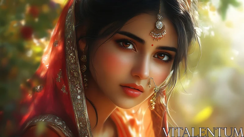 Digital portrait of woman in red dupatta with jewelry.