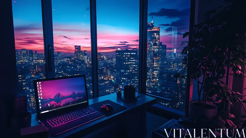 Laptop workspace facing high rise city skyline at dusk.