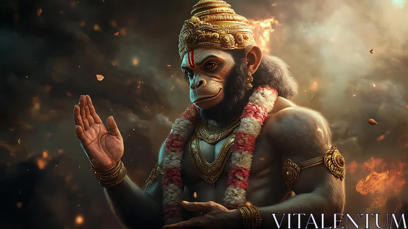 Radiant monkey deity in garlands amid swirling embers.