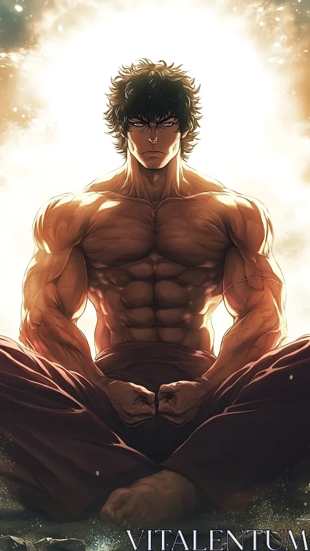 Sunlit warrior in calm, unshakable meditation focus.