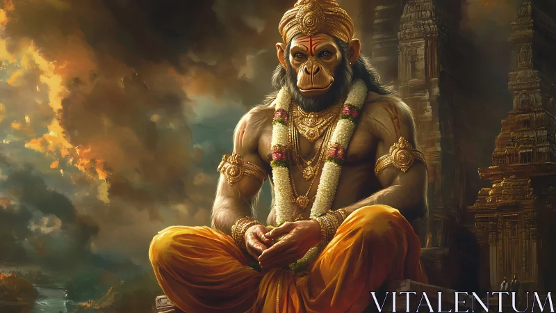 Serene monkey deity in saffron robes beneath stormlit skies.