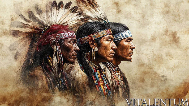 Tribal leaders stand in solemn profile against warm haze.