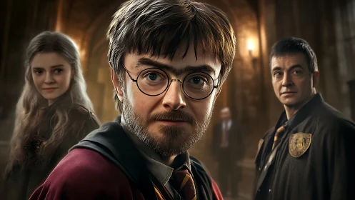 Wizarding trio in dramatic hall, cinematic close portrait.