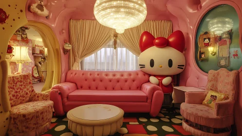 Hello Kitty themed living room with pink furniture and decor.