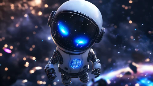 Small futuristic astronaut in deep space environment.