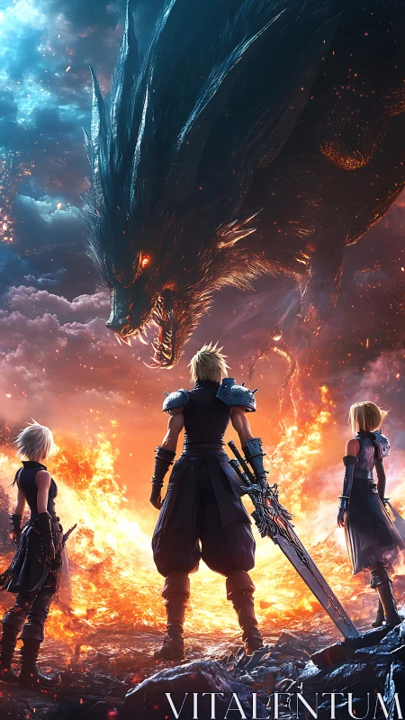 Warriors confront a colossal fire dragon in a blazing rift