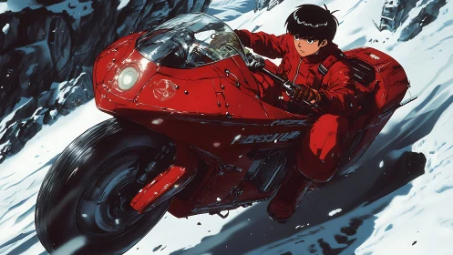 Red futuristic bike slices through snowbound mountain pass.