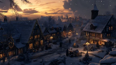 Snowy village street glows with warm festive lantern light