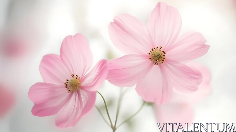 Pink Cosmos Flowers Against Soft Bokeh Background.