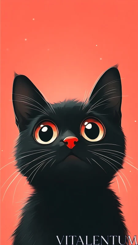 Black cat with enlarged red-rimmed eyes against coral background.
