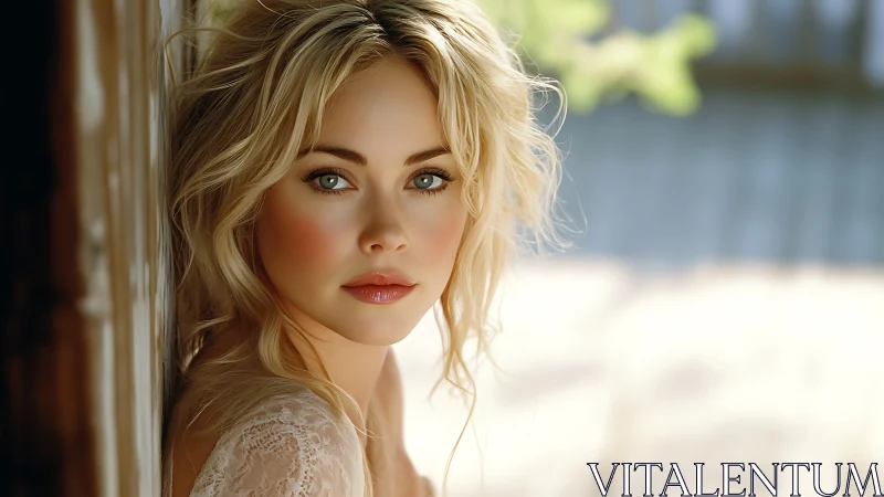 Soft sunlight frames a calm blonde woman with gentle grace