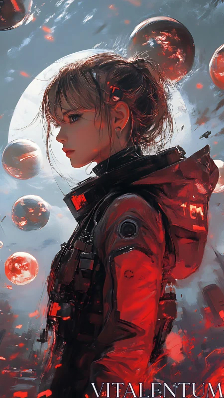 Solitary spacefarer amid crimson orbs and pale moonlight.