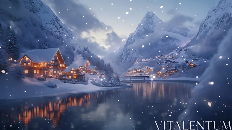 Snowy alpine village with warm chalet lights by river.