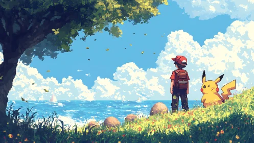 Two figures stand on a pixelated coastal hillside under tree shade