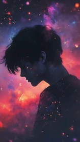 Silhouetted youth profile against glowing cosmic nebula.