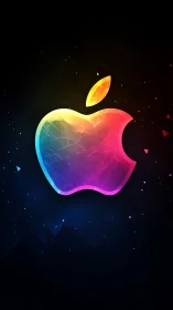 Multicolor apple-shaped logo on dark abstract gradient field.
