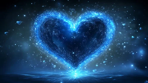 Digital heart form with blue luminescent particles on dark background.