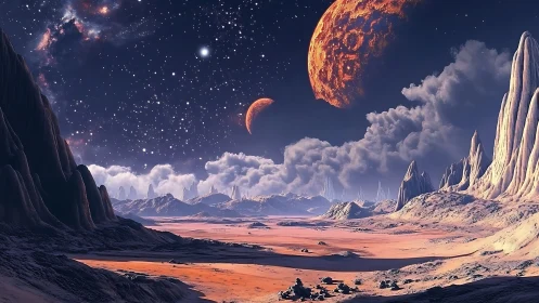 Alien desert landscape under twin planets and starfield