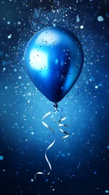 Blue Balloon with White Ribbon Rising Through Particle Explosion