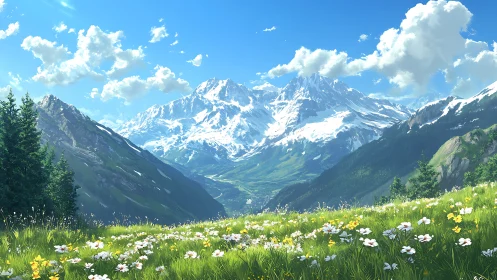 Snow-capped mountains rise behind sunlit alpine flower meadow