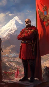 Imperial commander in red uniform surveys alpine stronghold