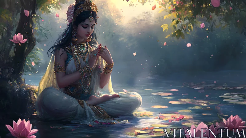 Ornate lotus goddess meditating beside luminescent forest pool.